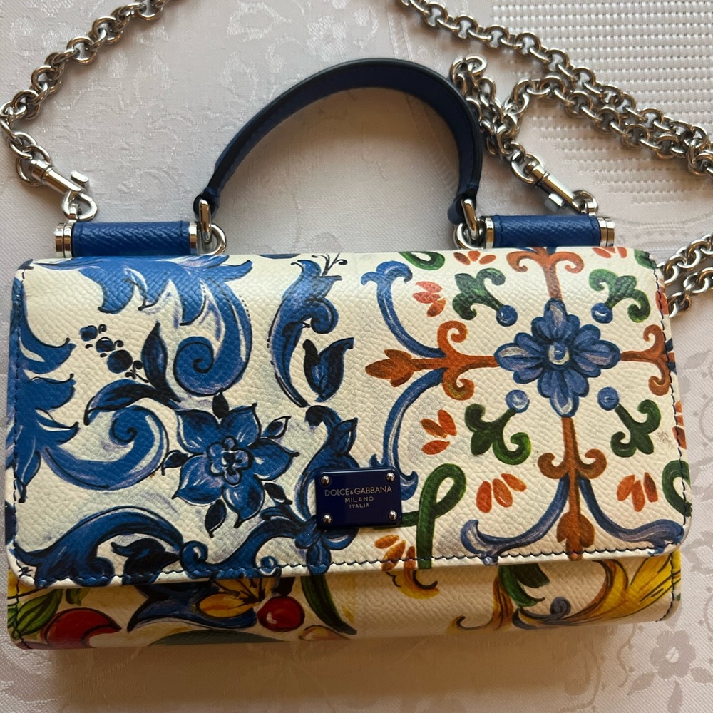 Dolce & Gabbana Multicolor Majolica Print Leather Miss Sicily Von ,with Chain